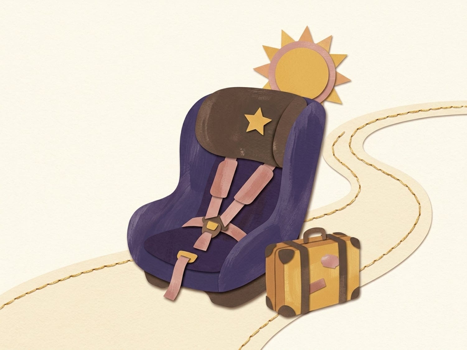Papercut illustration of a rear-facing car seat with a suitcase beside a winding road - the safest choice for longer trips