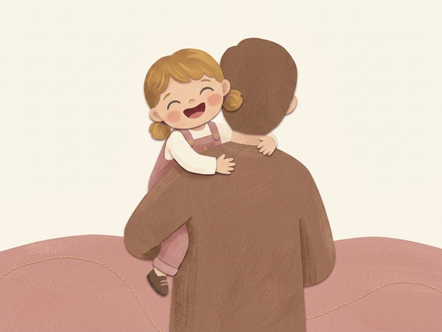Papercut illustration of a laughing toddler carried on a parent's back - the carrying phase returns as a parent's back beats walking