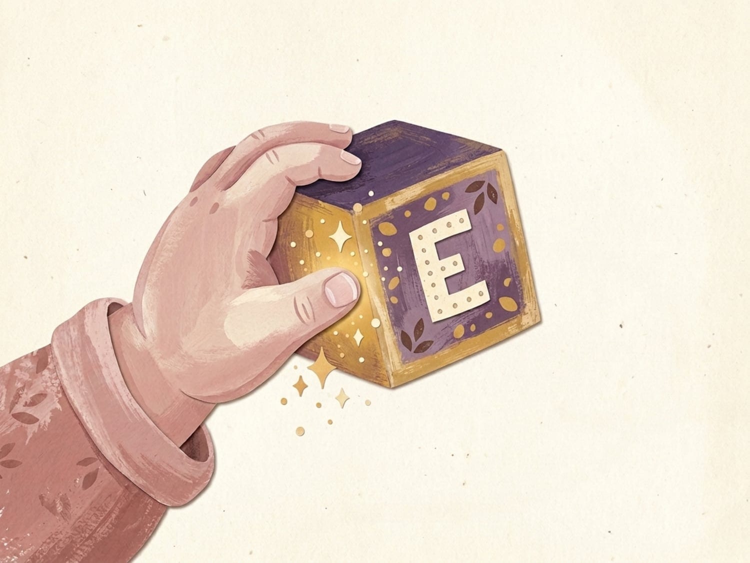 Papercut illustration of a small hand holding up an alphabet block with a sparkle - a two and a half year old explores the world hands first