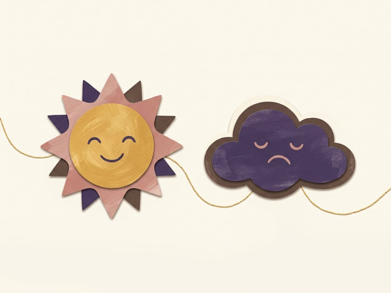 Papercut illustration of a smiling sun toy and a sad cloud toy linked by a golden thread - toddlers explore emotions through play as every toy gains strong feelings