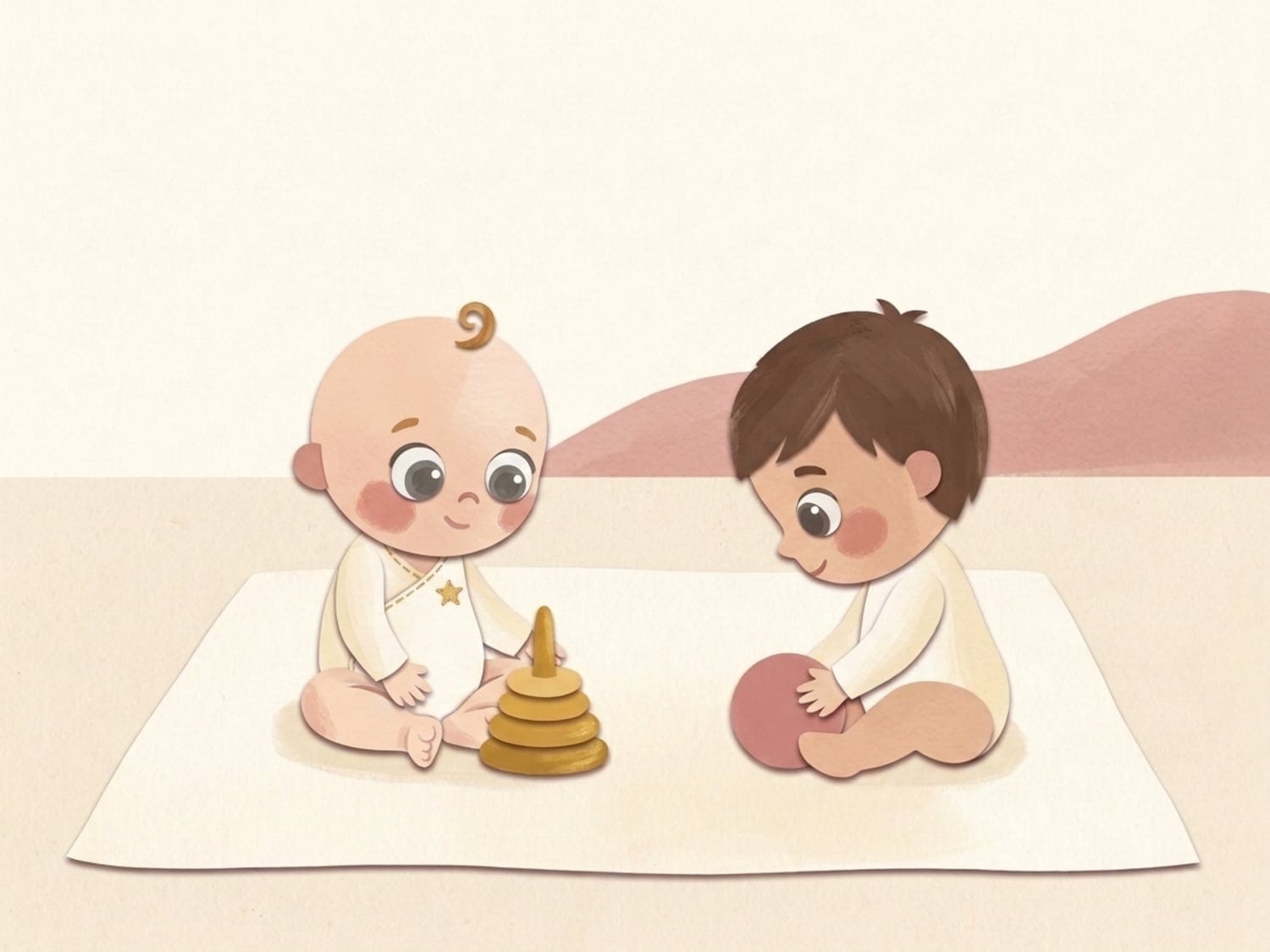 Papercut illustration of two toddlers sitting side by side with their own toys, a stacking ring and a ball - parallel play at thirteen and fourteen months