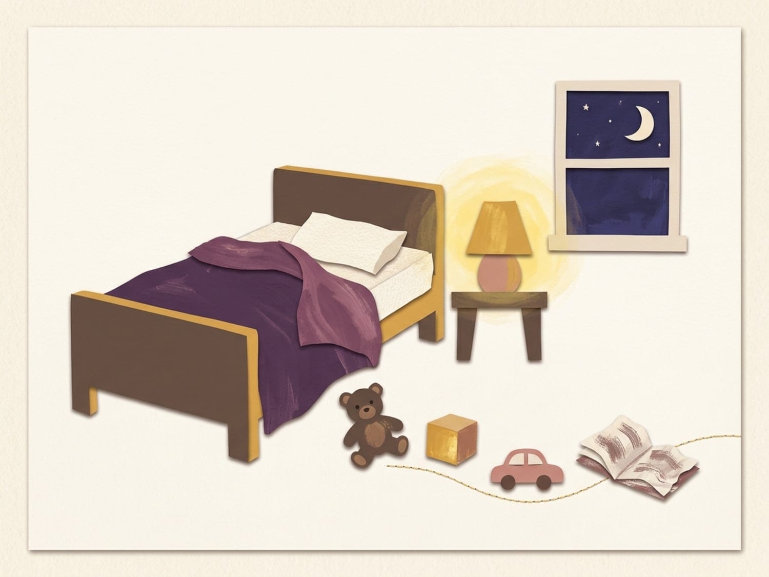 Papercut illustration of a toddler bed with the blanket thrown back and a trail of toys leading away under a lamp and moon - one more play at bedtime