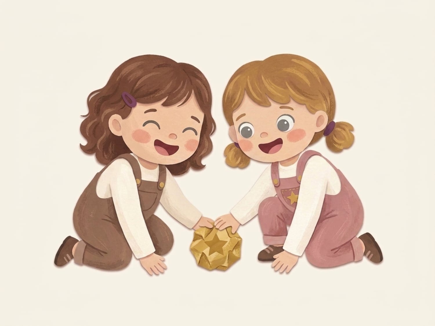 Papercut illustration of two toddlers crouched together over a shared golden ball - first real peer play appears, a step beyond parallel play