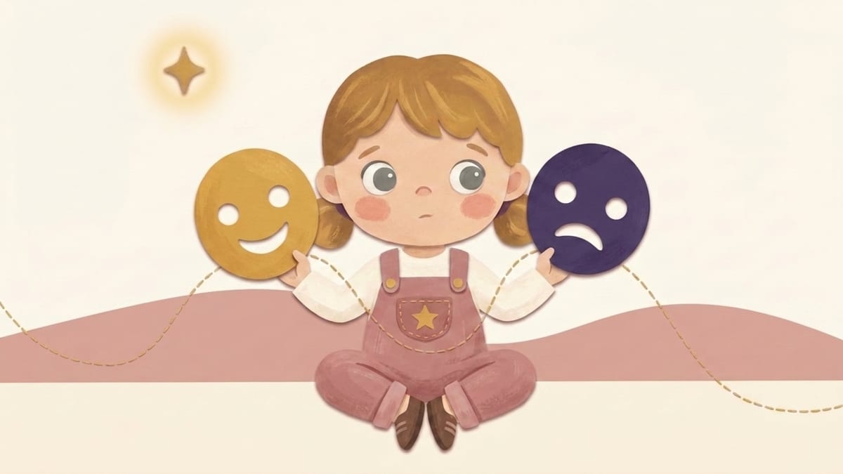 Papercut illustration of a toddler holding a smiling and a frowning paper mask to explore emotions - what to expect from a toddler in the first three months after the second year