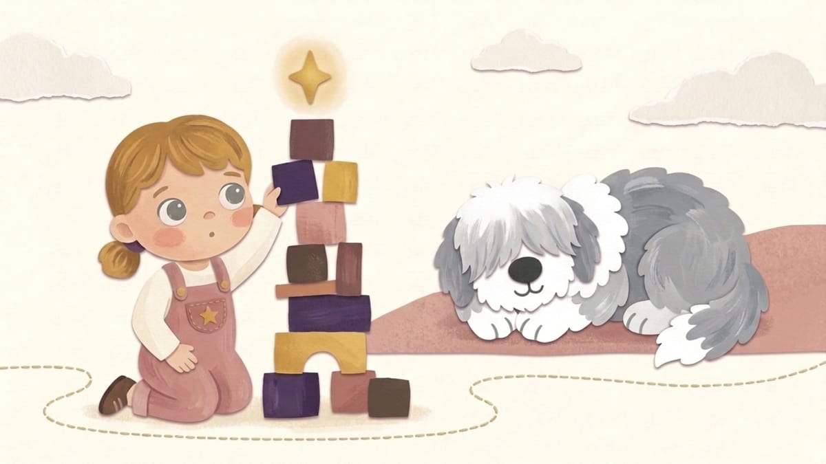 Papercut illustration of a toddler stacking a tall tower of paper blocks while a sheepdog sleeps behind her - what to expect from a toddler at two years and nine months