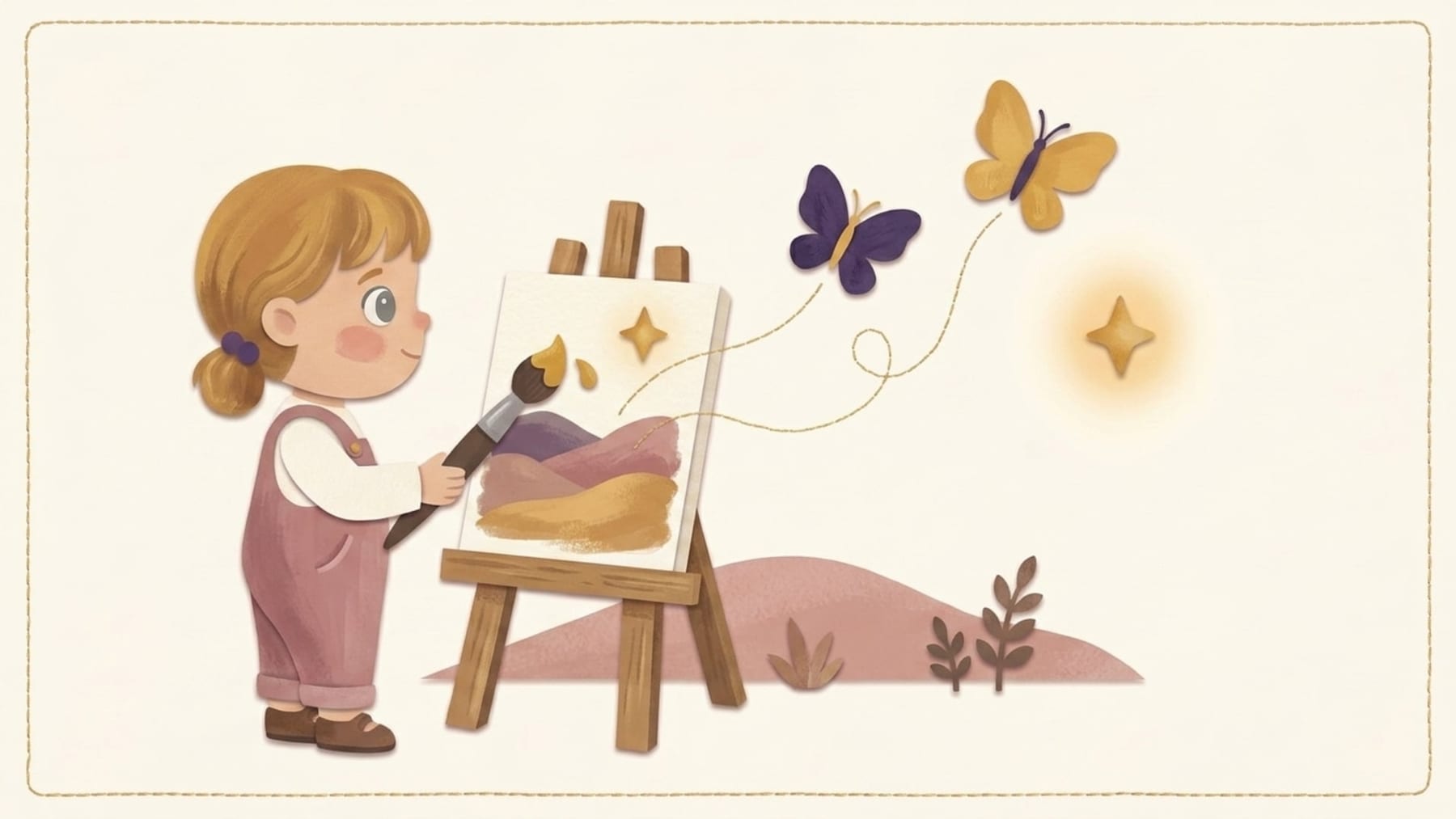 Papercut illustration of a four year old girl painting at an easel as paper butterflies fly off her picture - what to expect from a four year old child