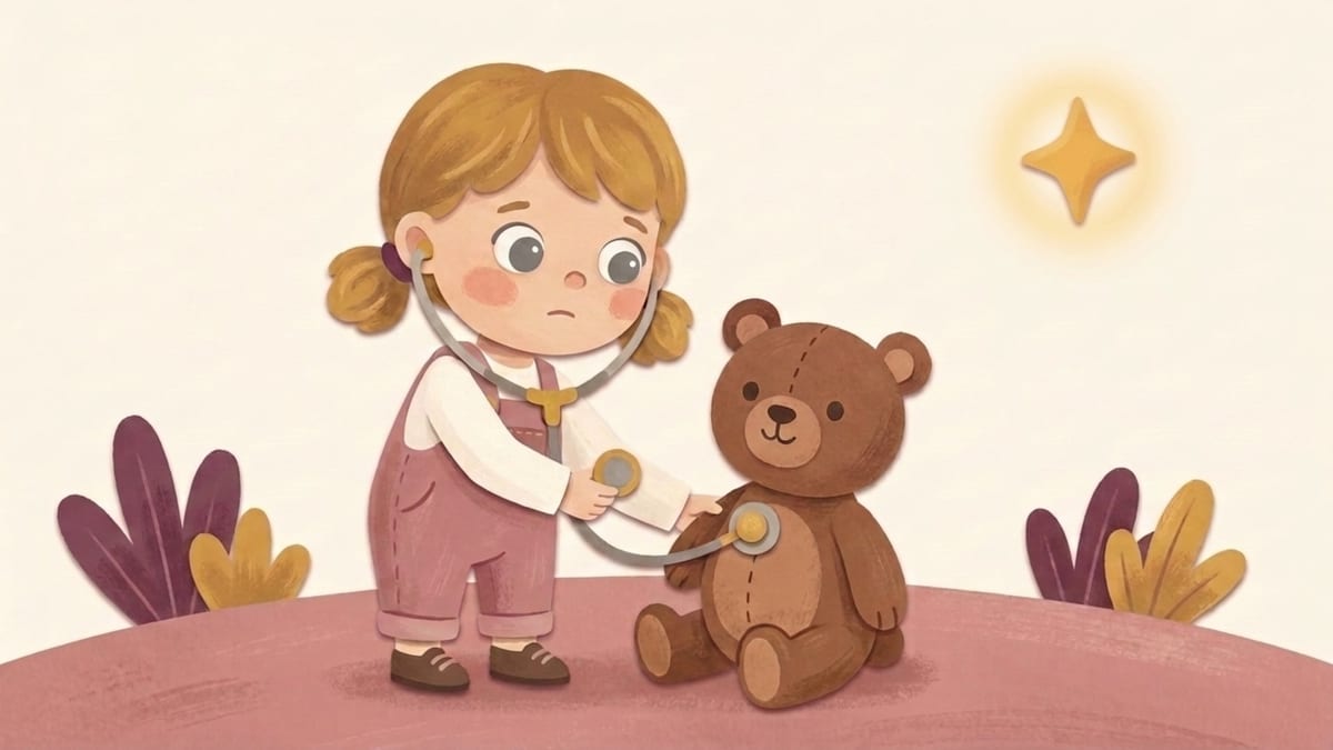 Papercut illustration of a two and a half year old playing doctor with a stethoscope and a teddy bear - what to expect from a toddler at two and a half years