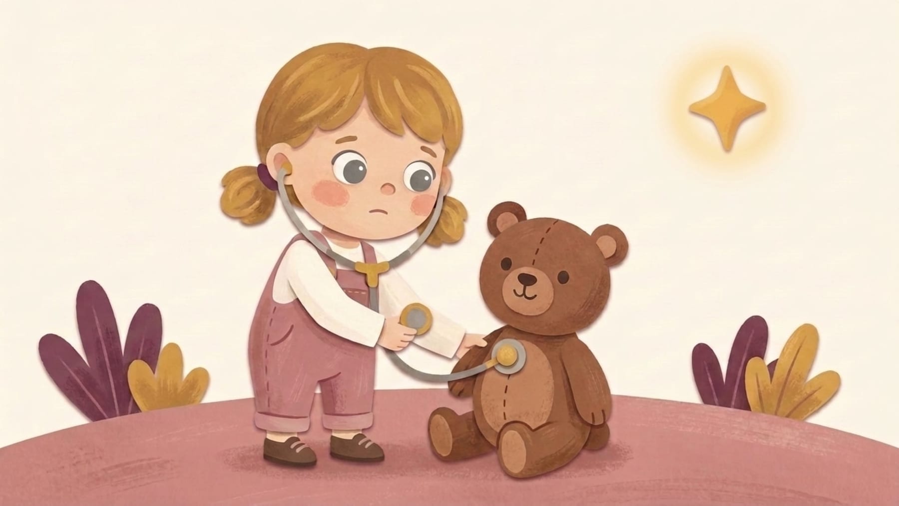 Papercut illustration of a two and a half year old playing doctor with a stethoscope and a teddy bear - what to expect from a toddler at two and a half years