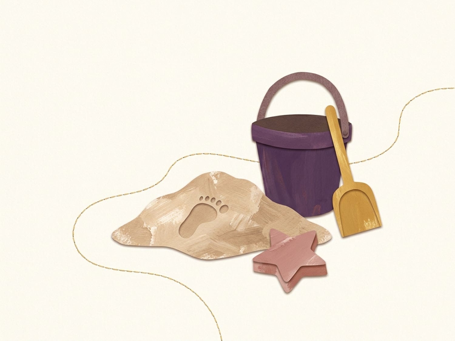 Papercut illustration of a sandbox bucket, spade and star mould beside a mound of sand with a footprint - the sandbox becomes a new favorite