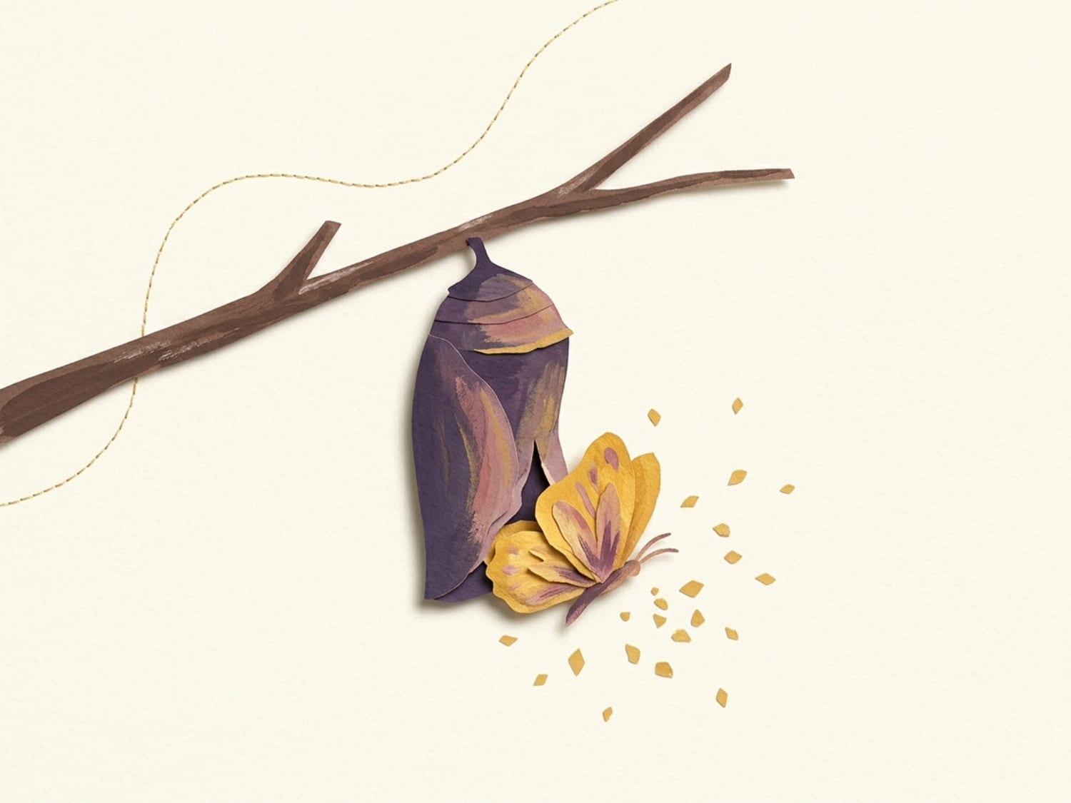 Papercut illustration of a chrysalis on a twig with a gold butterfly emerging - a clingy wonder week transforming into a new skill