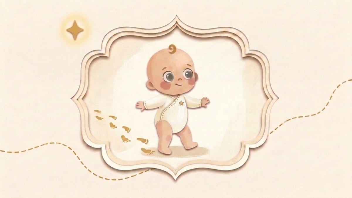 Papercut illustration of a toddler taking first wobbly steps with footprints behind in an ornate frame - what to expect from a baby at thirteen and fourteen months
