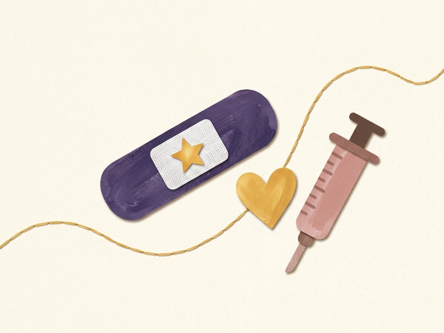 Papercut illustration of a plum bandage with a gold star, a gold heart and a small syringe - the MMR check-up after the first birthday
