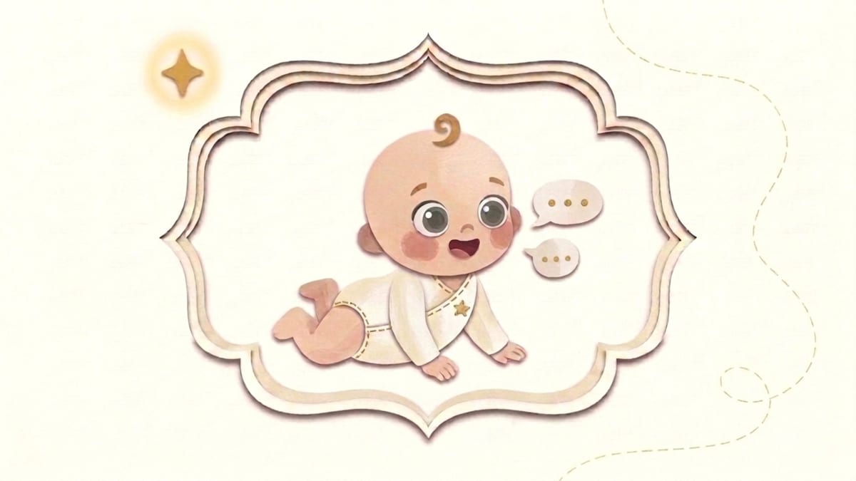 Papercut illustration of a five-month-old baby babbling with little speech bubbles in an ornate frame - what to expect from a baby in the fifth month