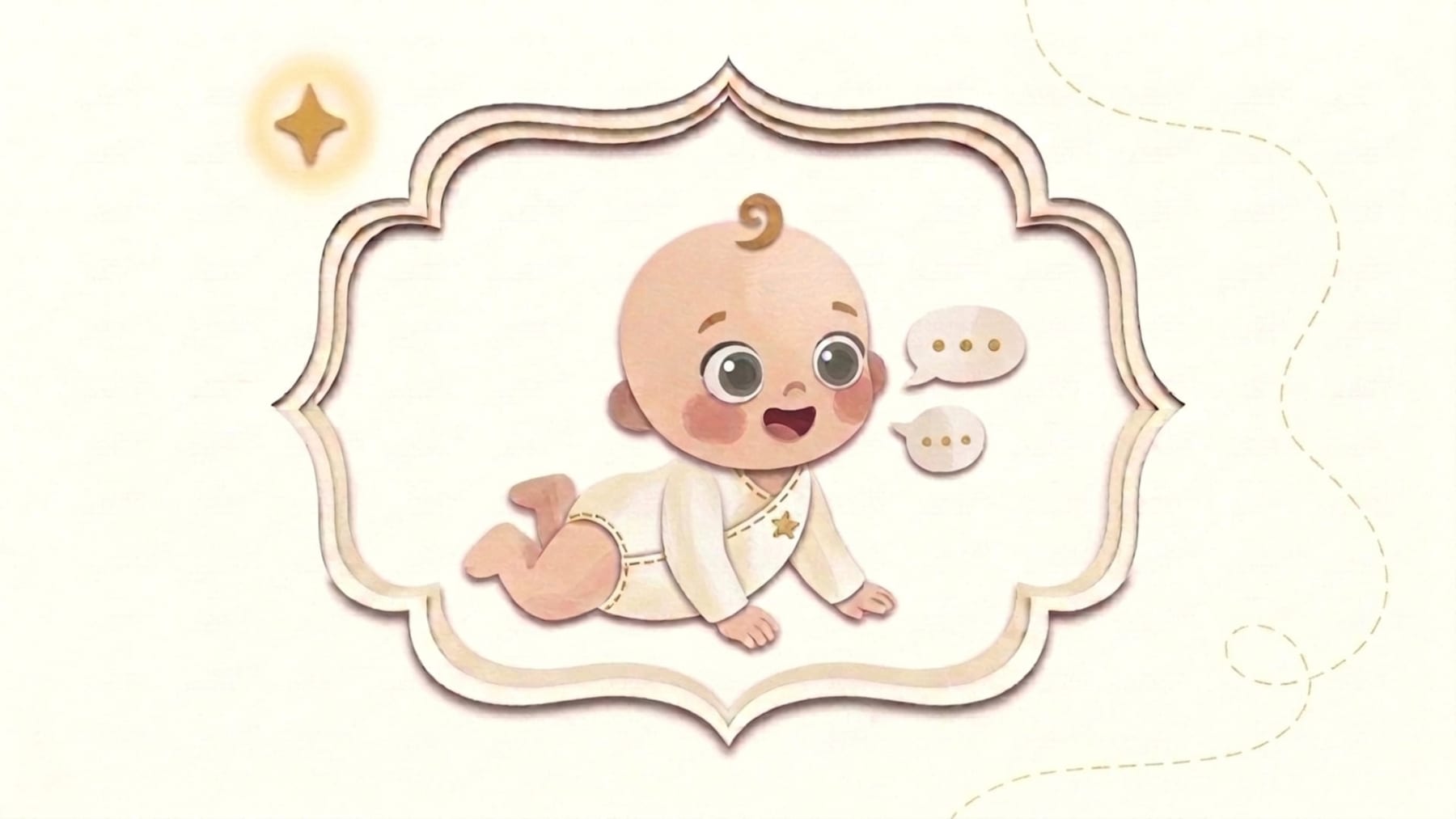 Papercut illustration of a five-month-old baby babbling with little speech bubbles in an ornate frame - what to expect from a baby in the fifth month