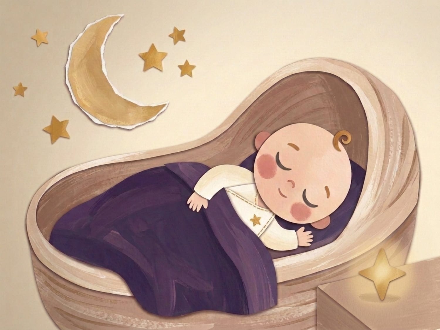 Papercut illustration of a baby sleeping in a cradle under a crescent moon and stars - steadier night sleep arriving around the sixth month