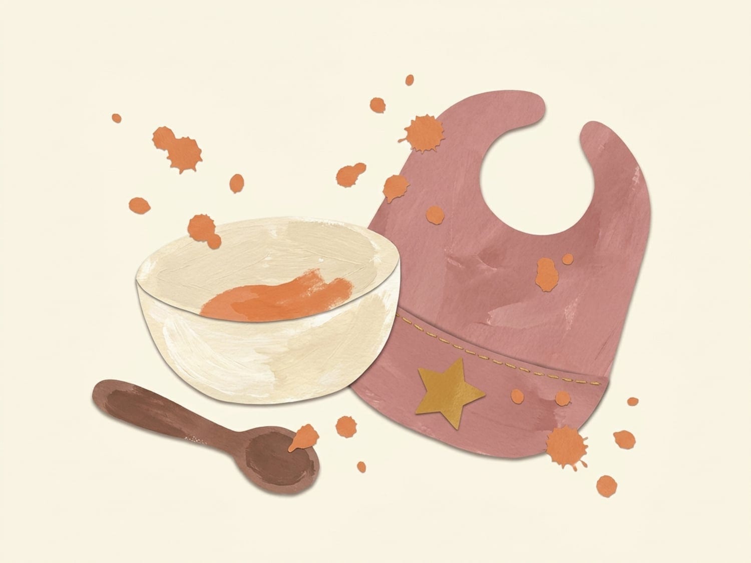 Papercut illustration of a bowl of orange puree, a spoon and a star bib amid playful splatters - a six-month-old's messy first solid meal