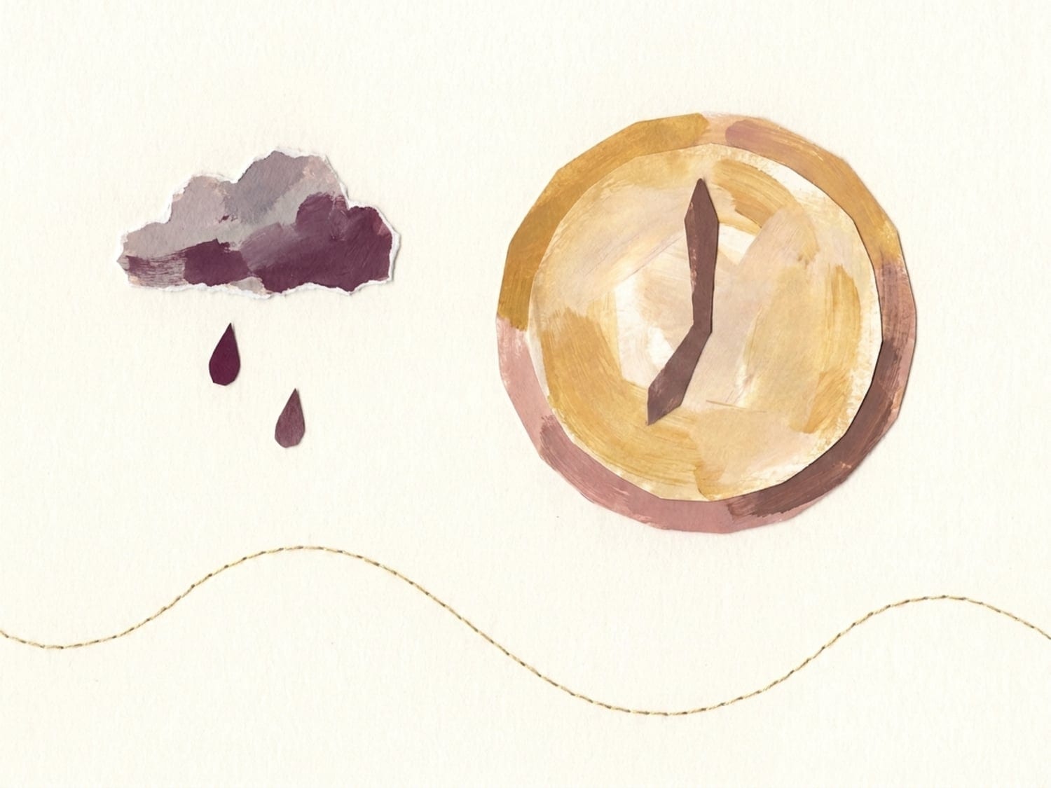 Papercut illustration of a clock beside a grey rain cloud with falling teardrops - the long daily stretches of colicky crying in the first month