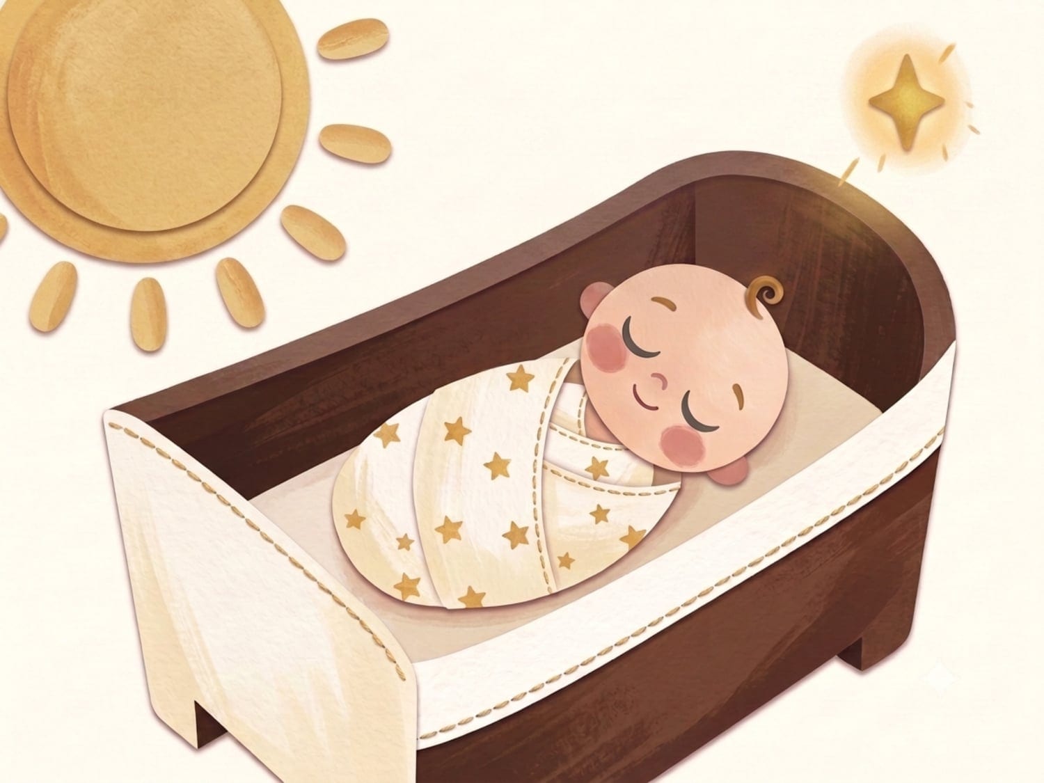 Papercut illustration of a swaddled newborn with a content smile under a warm golden sun - the joyful smiles that make the hard first weeks worth it