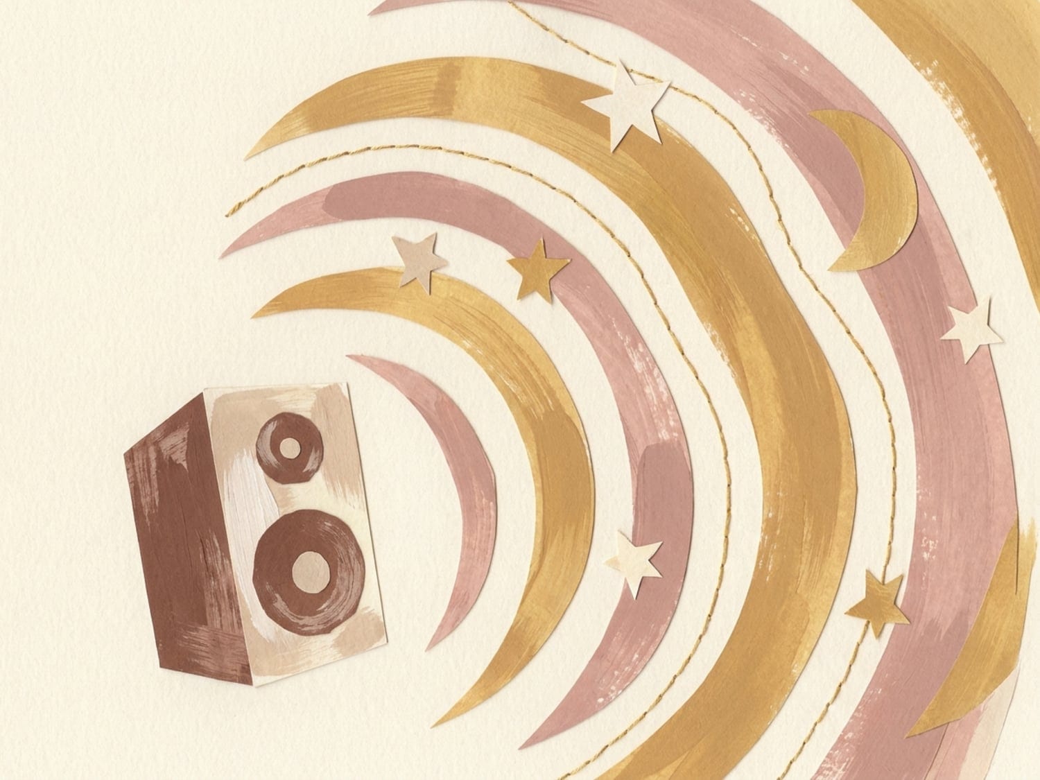 Papercut illustration of a speaker with sound waves rippling out among stars and a crescent moon - soothing womb-like white noise that calms a newborn