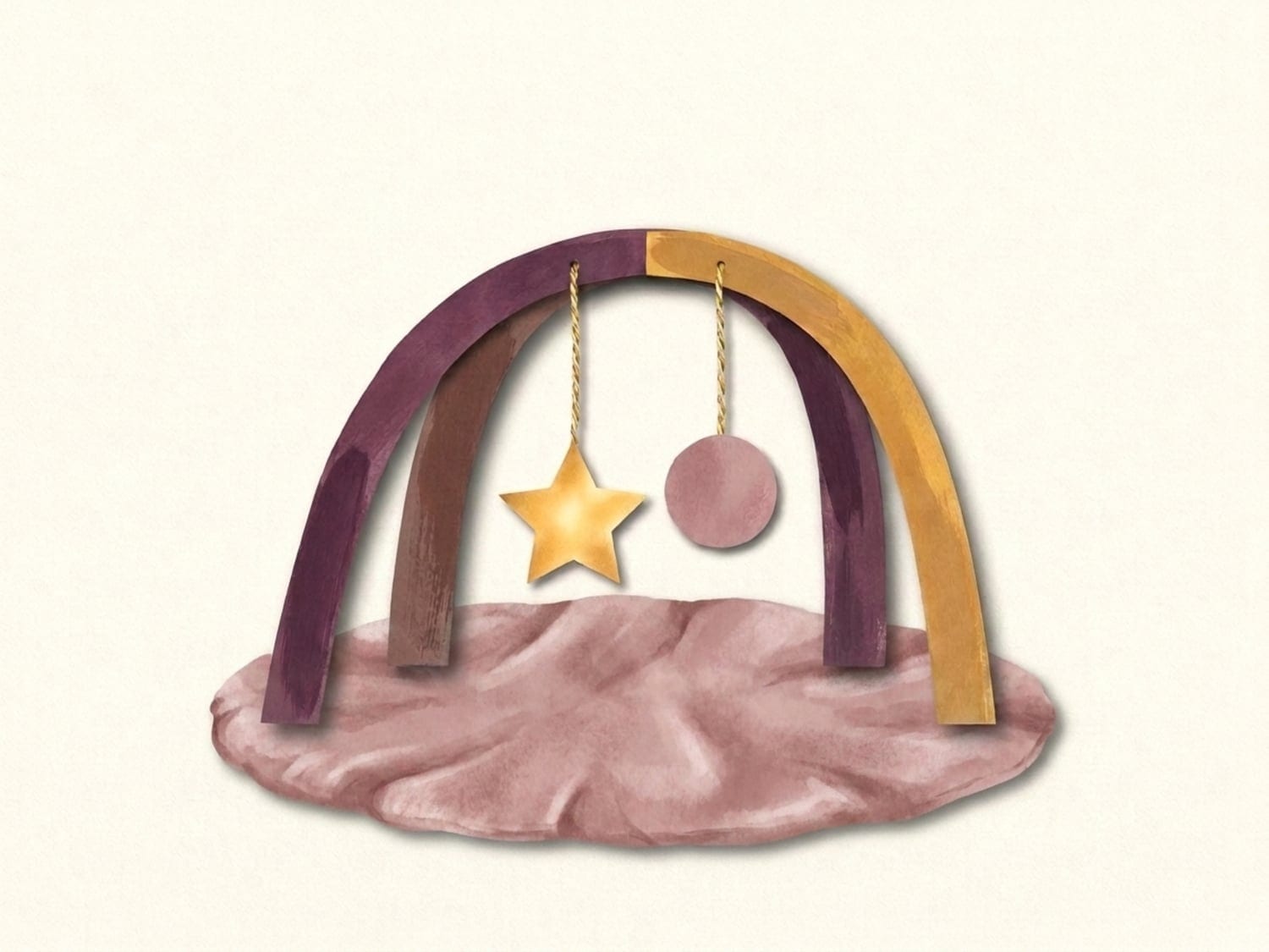 Papercut illustration of a baby gym arch with a gold star and a dusty-rose circle dangling on threads - toys that invite a two-month-old to reach