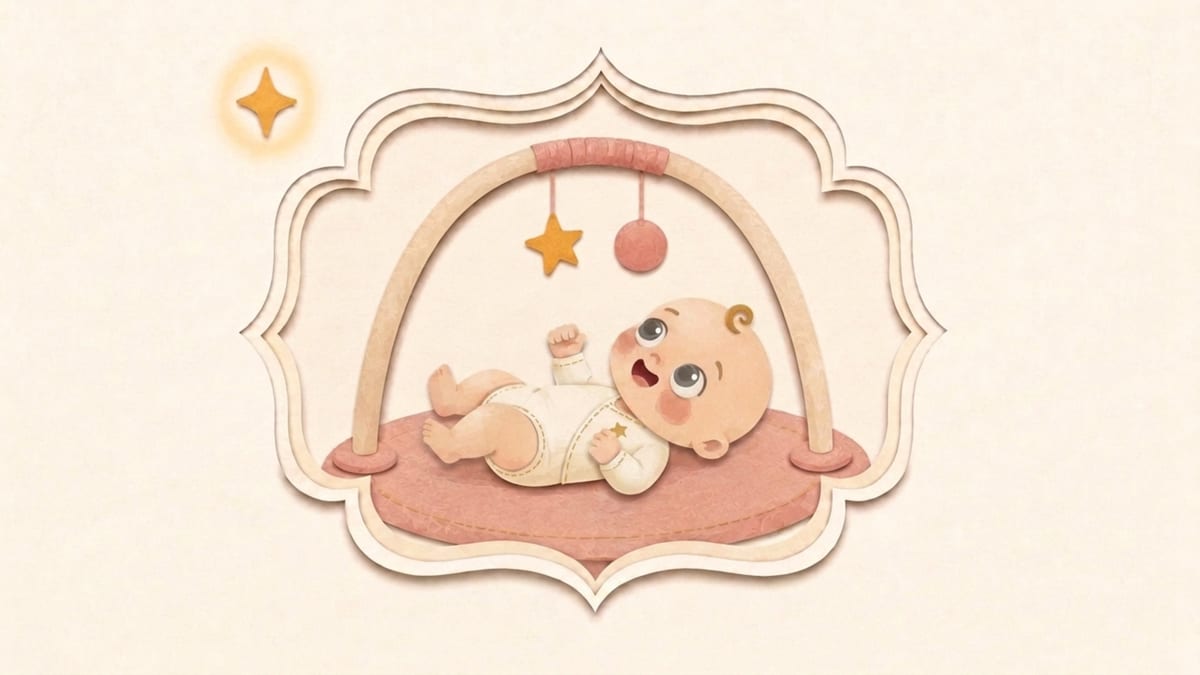 Papercut illustration of a two-month-old baby smiling under a baby gym in an ornate frame - what to expect from a newborn in the second month