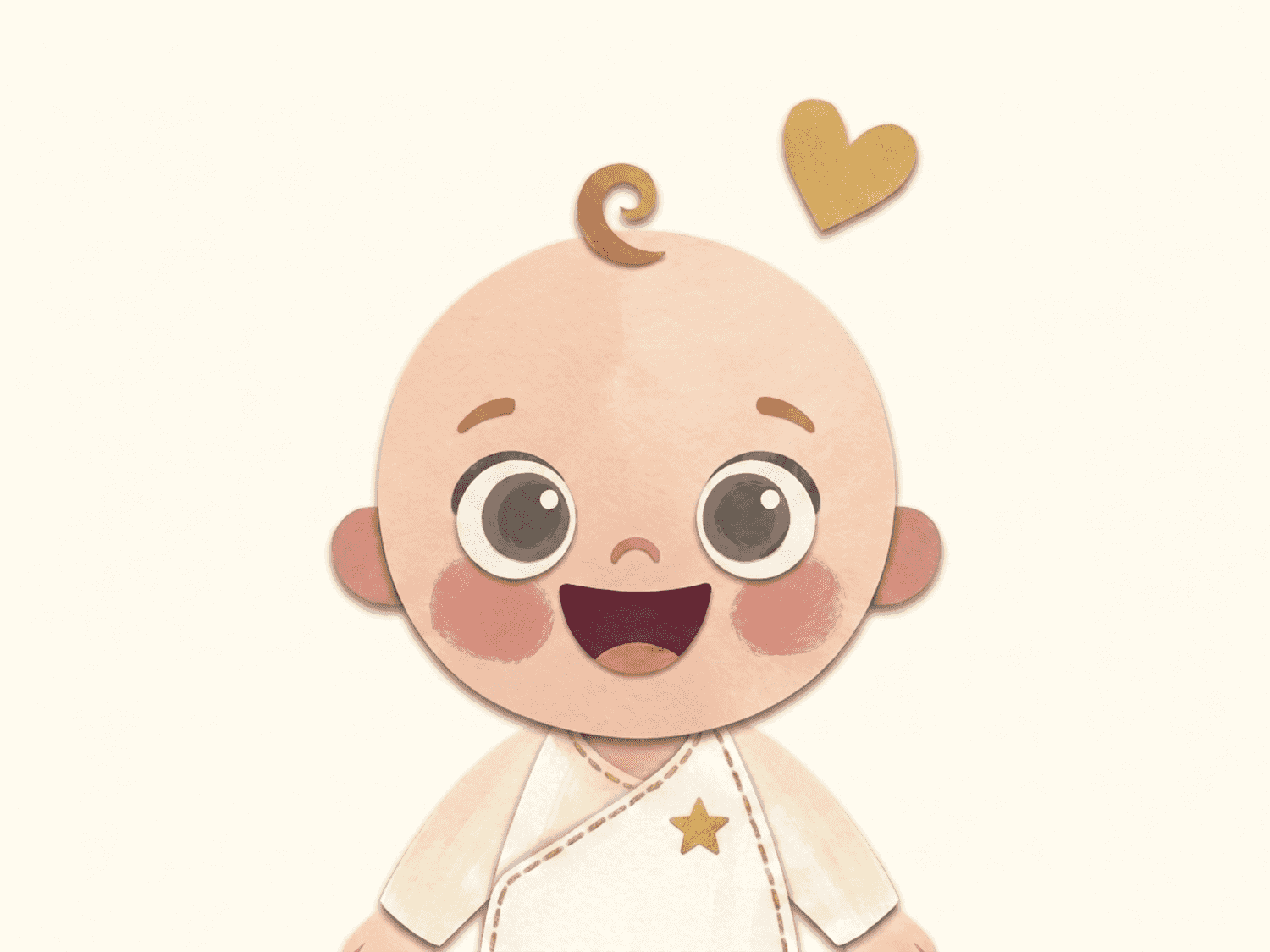 Papercut illustration of a beaming toothless baby with a small gold heart floating above - a two-month-old's first real, intentional smile