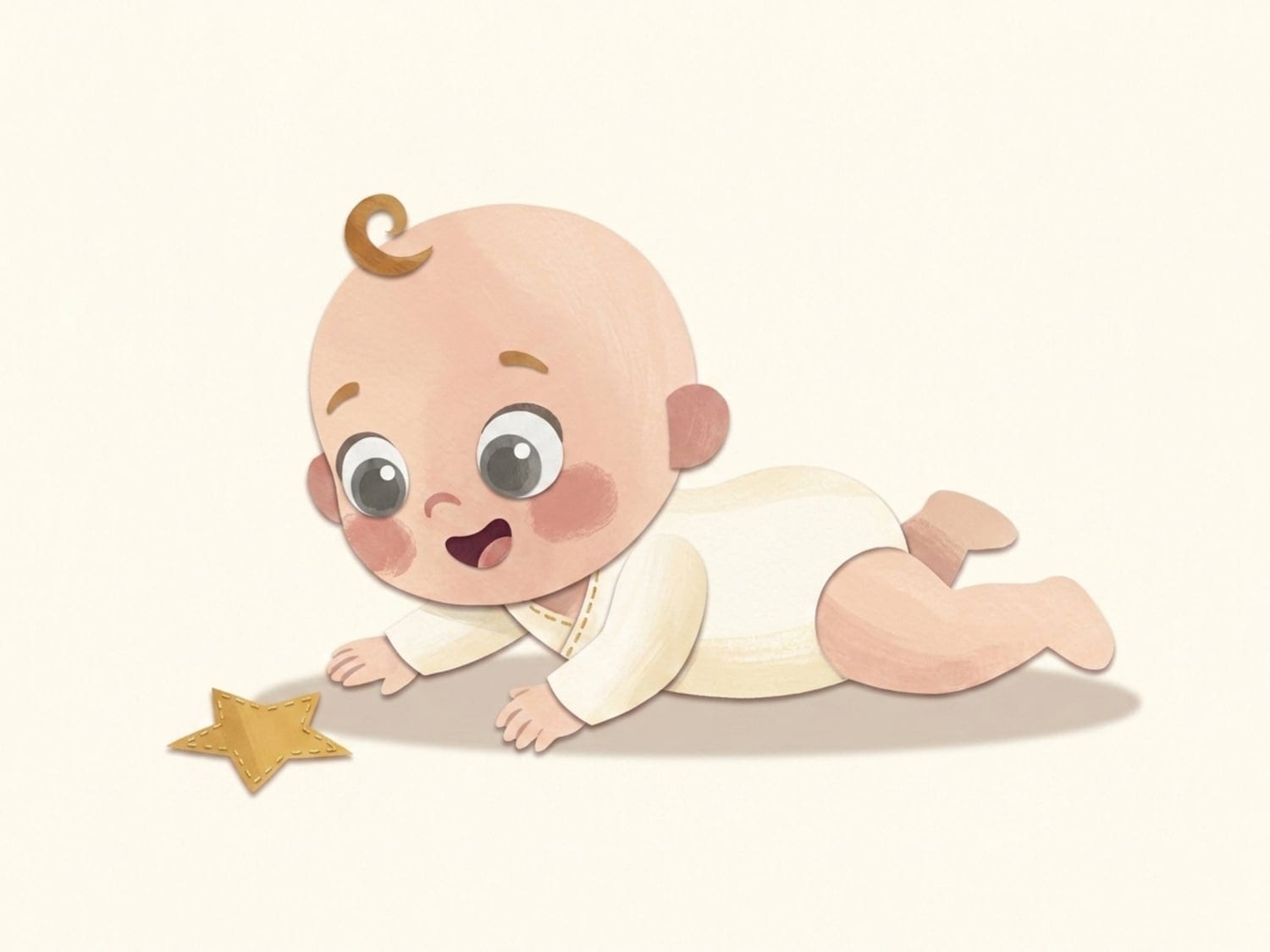 Papercut illustration of a baby on her tummy lifting her head toward a gold star - tummy time building neck and shoulder strength at three months