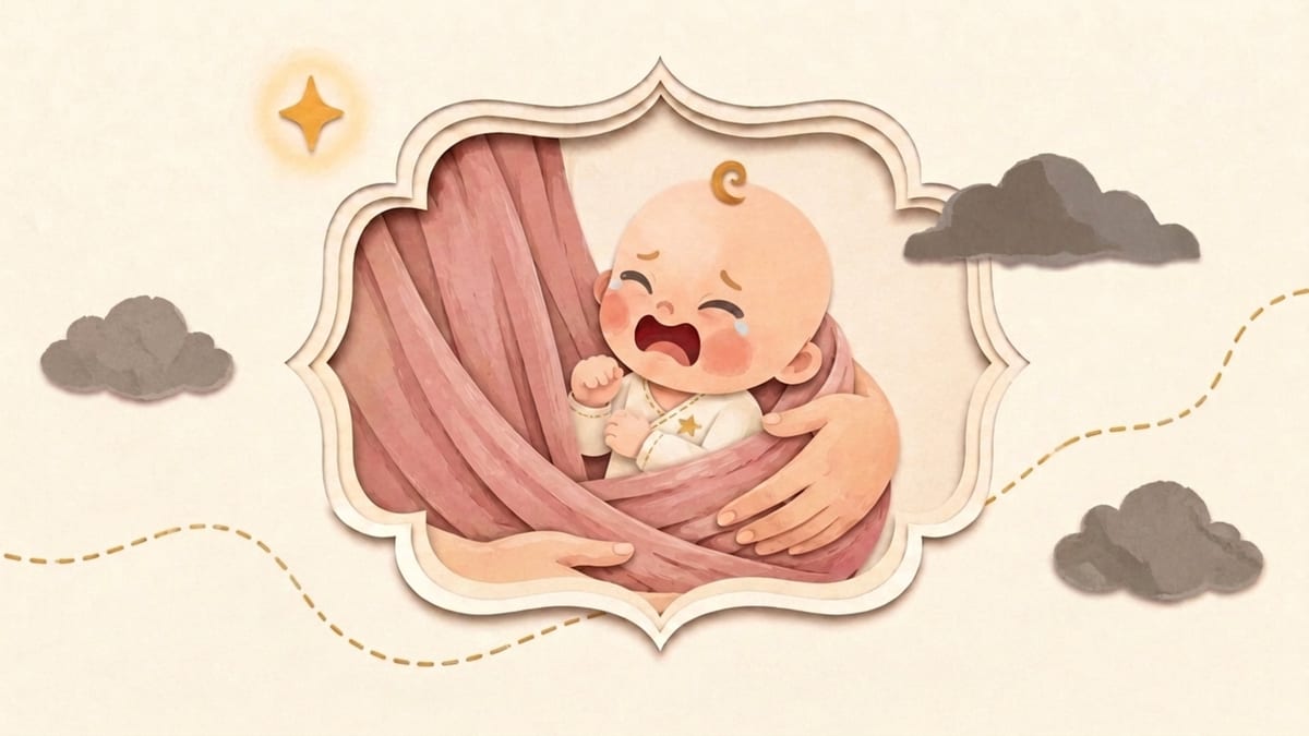 Papercut illustration of a four-month-old baby crying and being carried in a sling in an ornate frame - what to expect from a baby in the fourth month