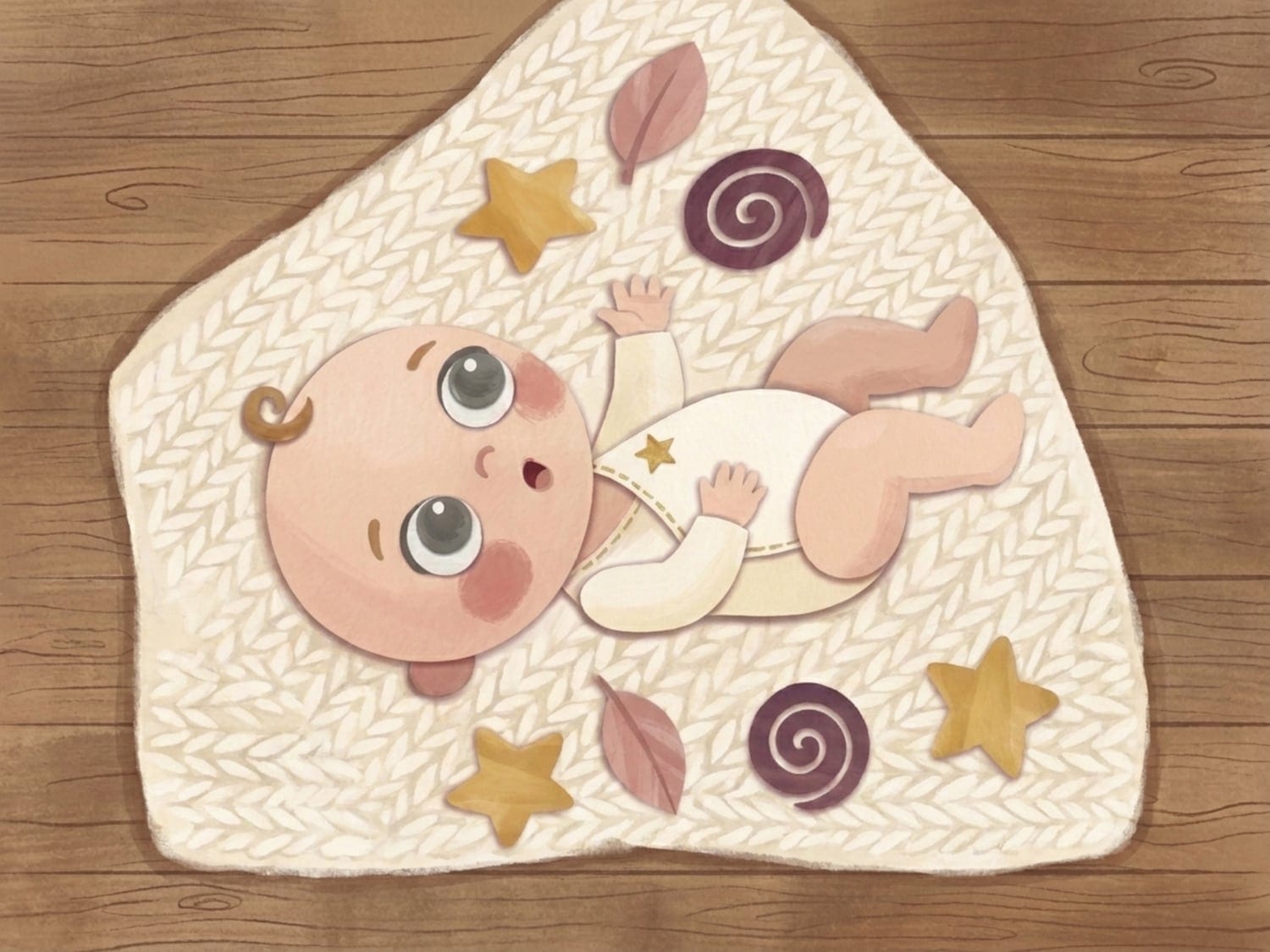 Papercut illustration of an alert baby on her back reaching up toward floating paper shapes - seeing the world on a new level after the leap