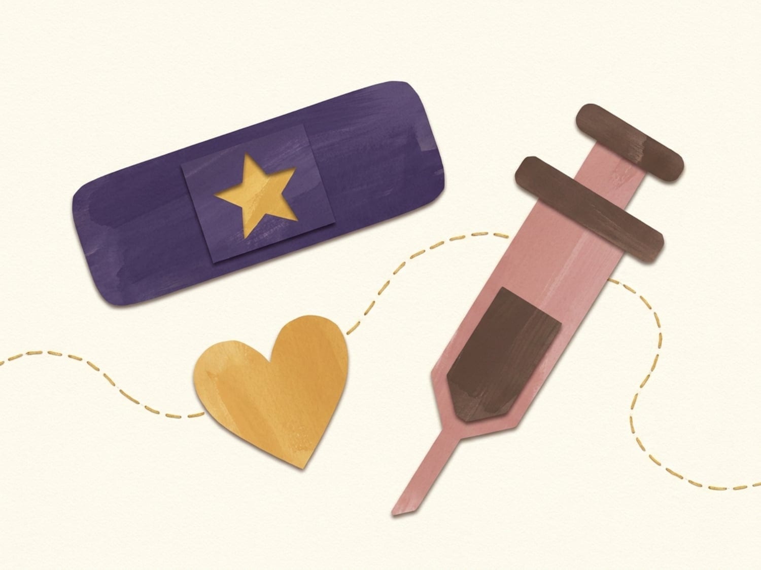Papercut illustration of a plum bandage with a gold star, a gold heart and a syringe - the four-month check-up and second round of vaccinations