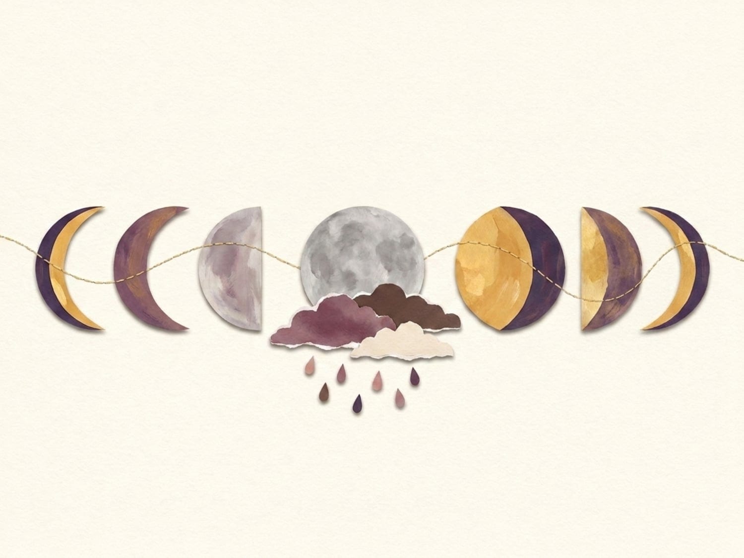 Papercut illustration of the moon's phases with a stormy grey cloud over the middle moon - a passing fussy wonder week around the fourth month