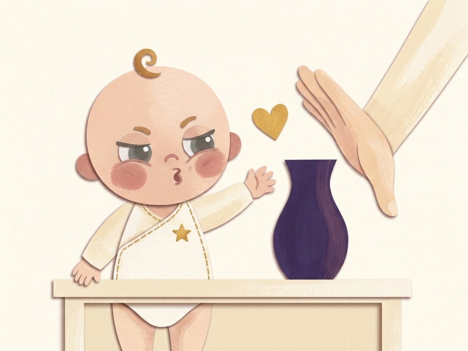 Papercut illustration of a toddler reaching for a vase while a gentle parent hand redirects, a gold heart between them - testing limits met with calm discipline