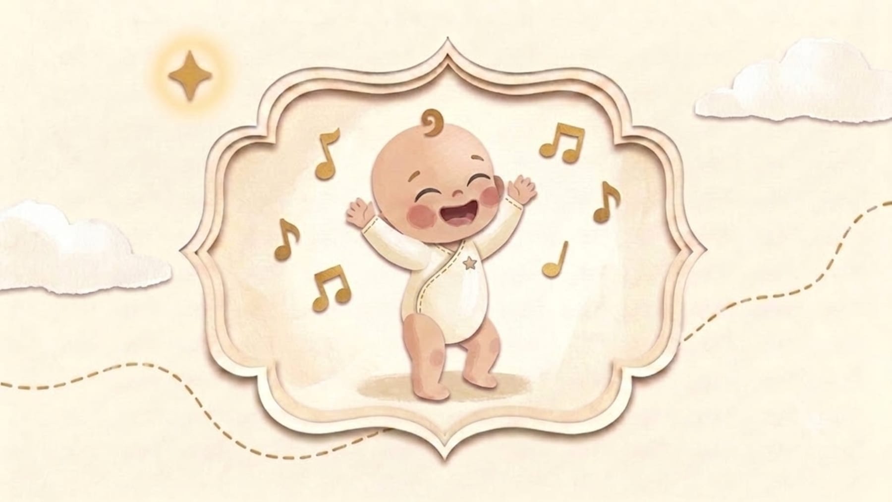 Papercut illustration of a toddler dancing among golden music notes in an ornate frame - what to expect from a baby at nineteen and twenty months