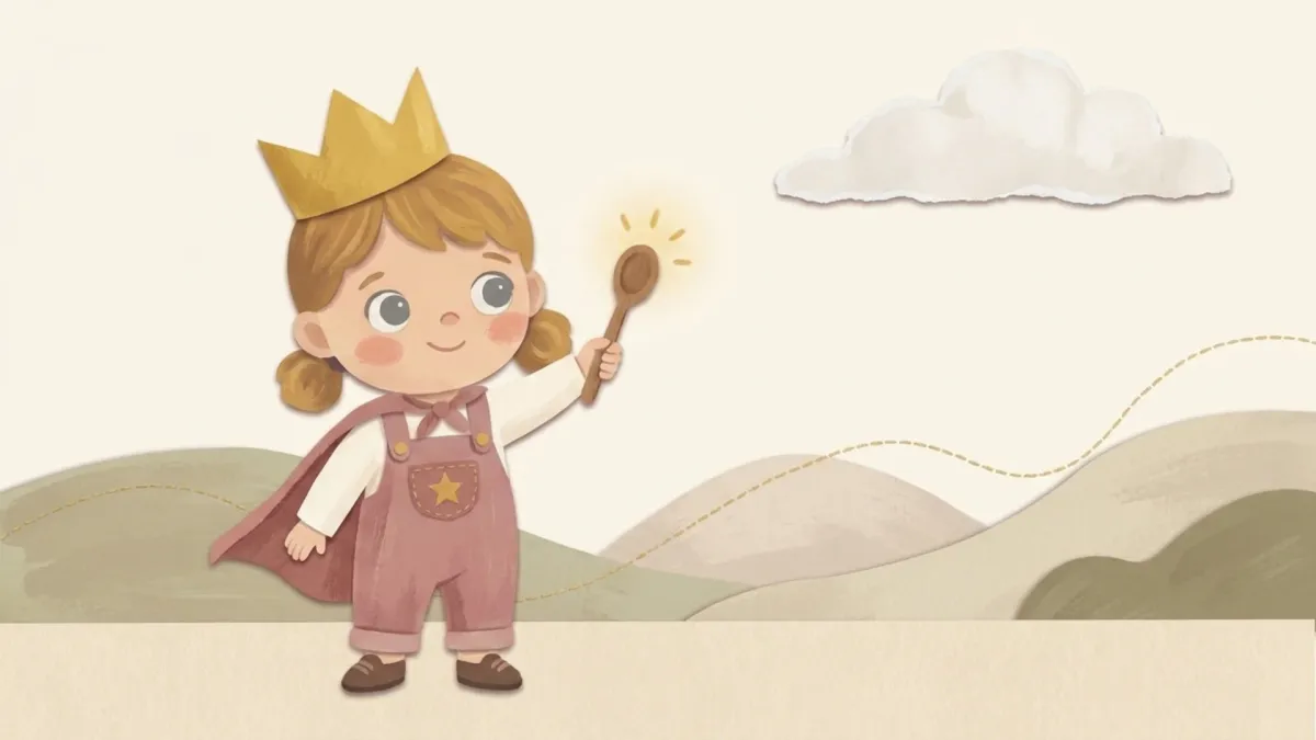Papercut illustration of a two year old in a paper crown and cape at imaginative play with a wand - what to expect from a two year old toddler