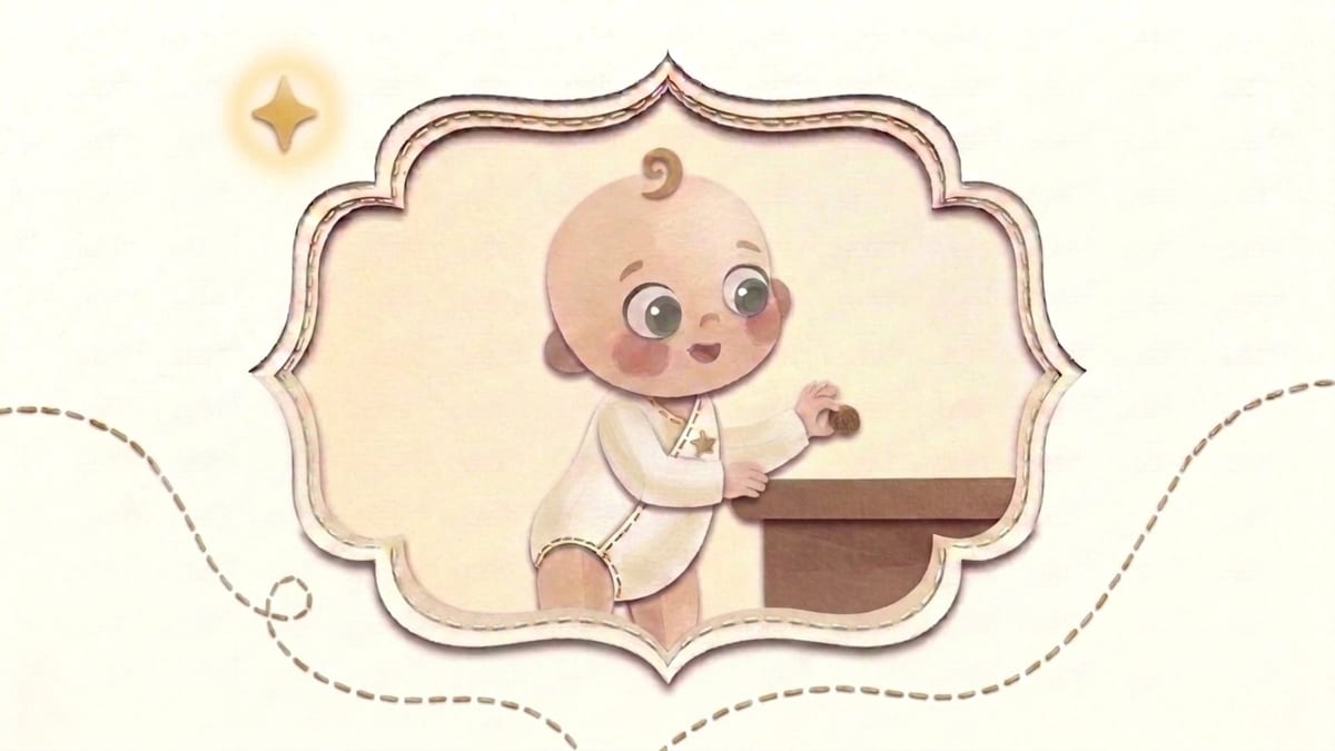 Papercut illustration of an eight-month-old baby standing at a ledge and pinching finger food in an ornate frame - what to expect from a baby in the eighth month