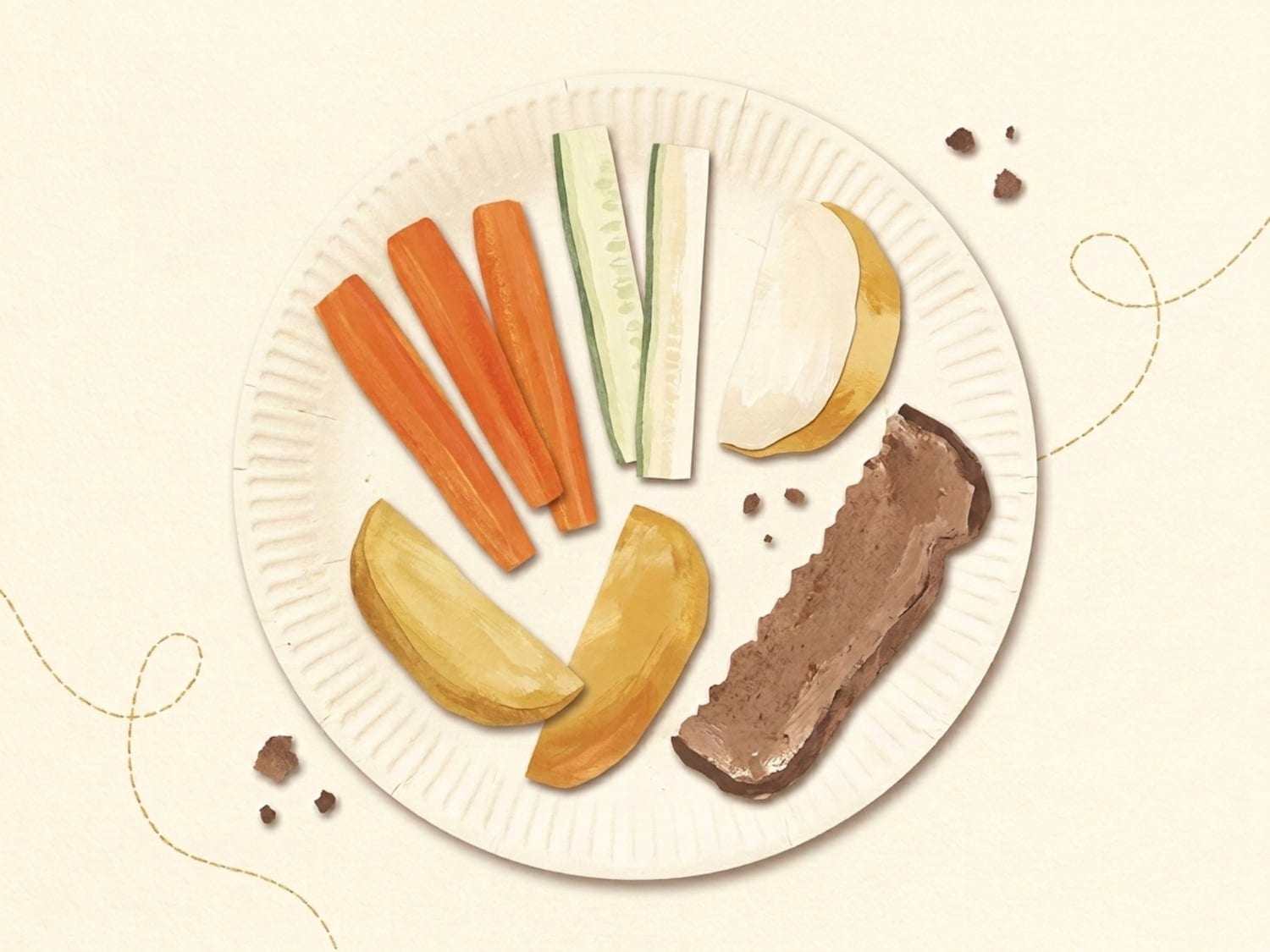 Papercut illustration of a plate of soft finger foods - carrot and cucumber sticks, toast and fruit wedges - baby-led weaning in the eighth month