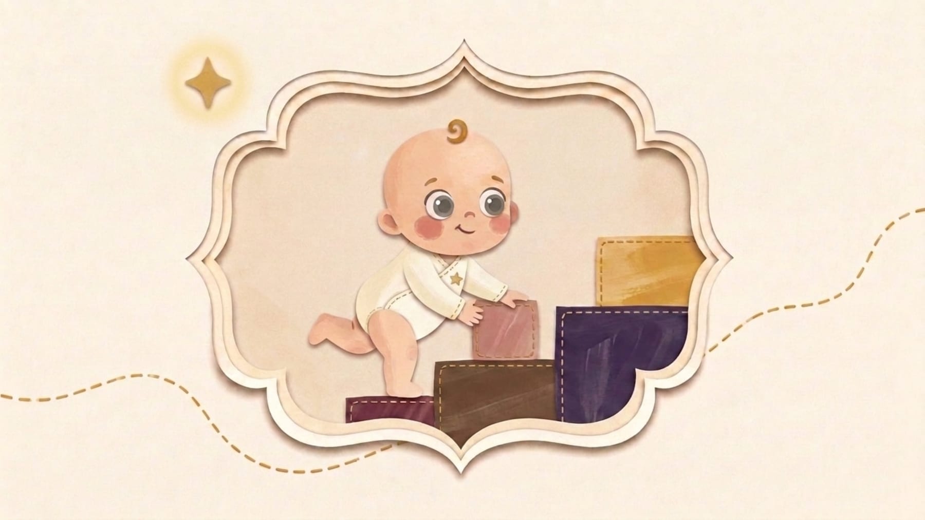 Papirnata ilustracija jedanaestomjesečne bebe koja stoji i penje se po kockama u ukrasnom okviru - što očekivati od djeteta u jedanaestom mjesecu života