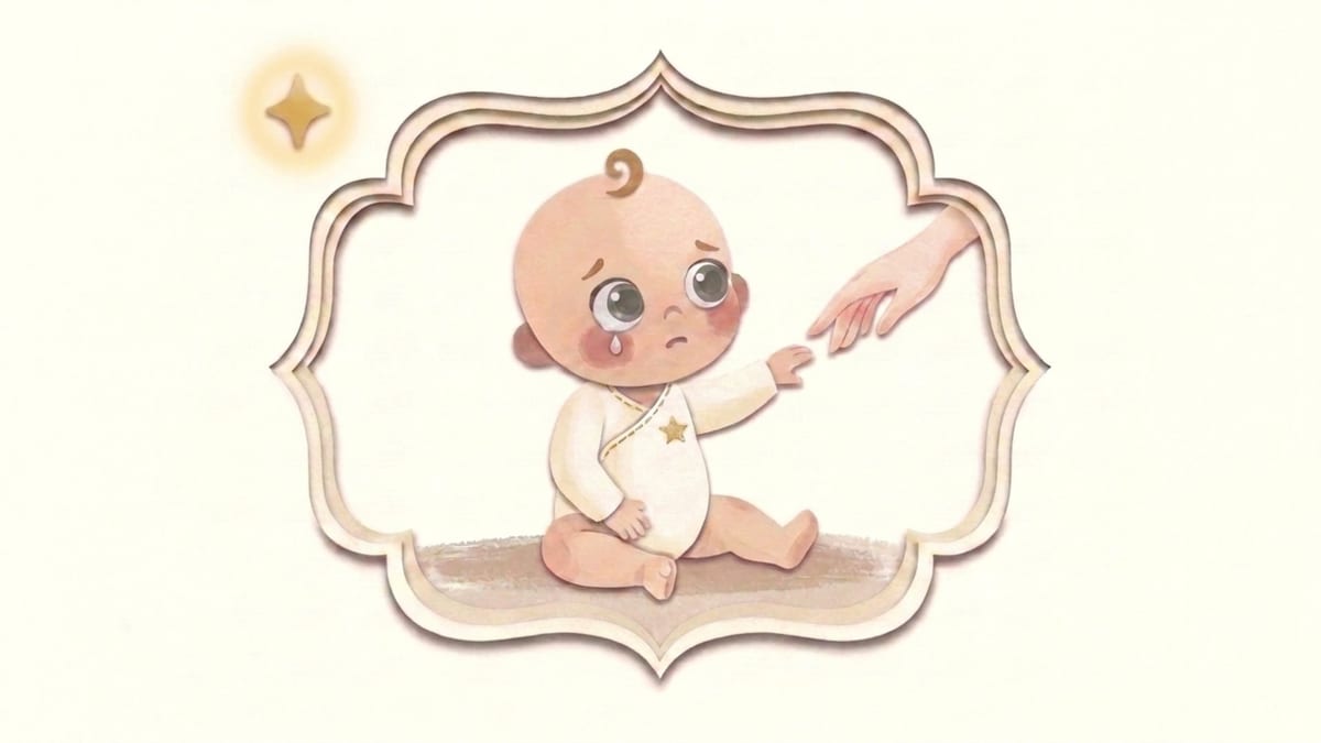 Papercut illustration of a nine-month-old baby reaching for a leaving parent's hand in an ornate frame - what to expect from a baby in the ninth month