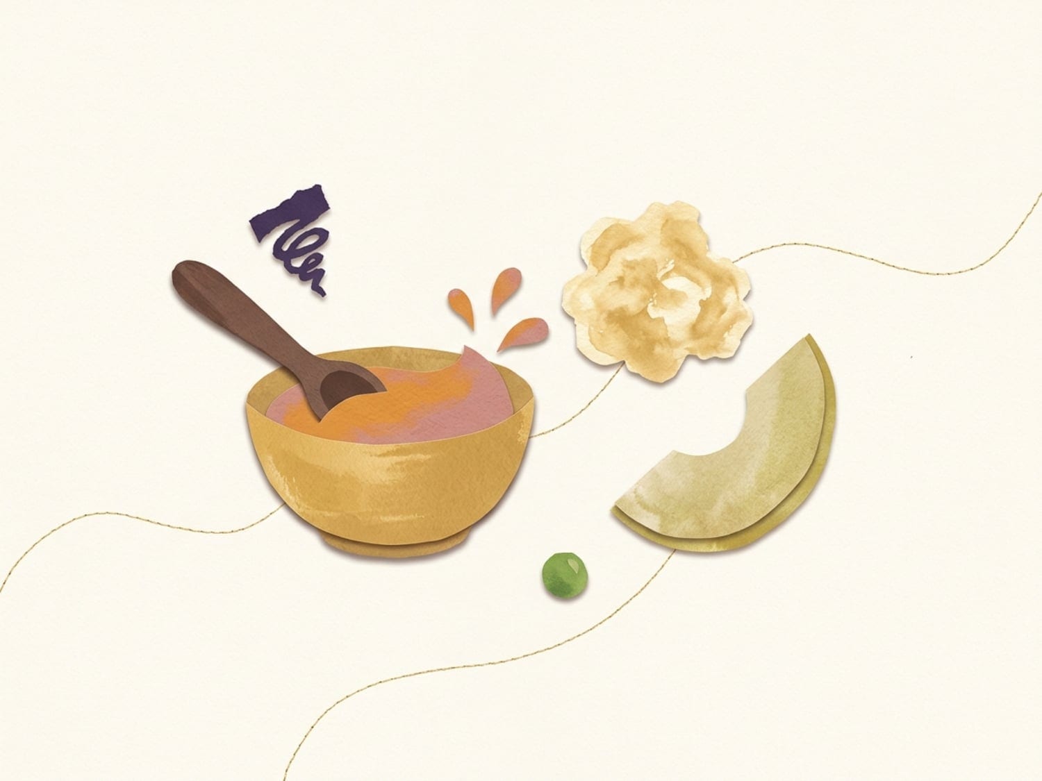 Papercut illustration of a bowl of orange puree with a spoon, a mashed banana and a fruit slice beside a little squiggle of doubt - not every first taste of solids is a hit