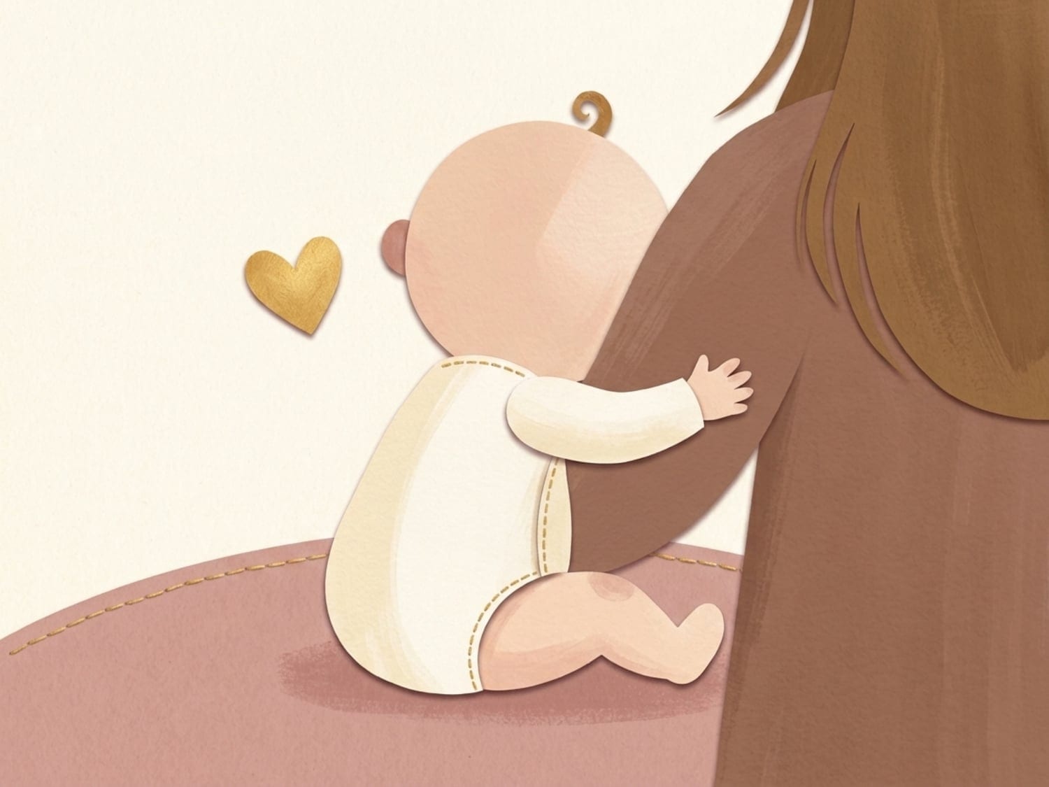 Papercut illustration of a seven-month-old baby wrapping an arm around a parent in a first clumsy hug with a small gold heart nearby - new affection in the seventh month