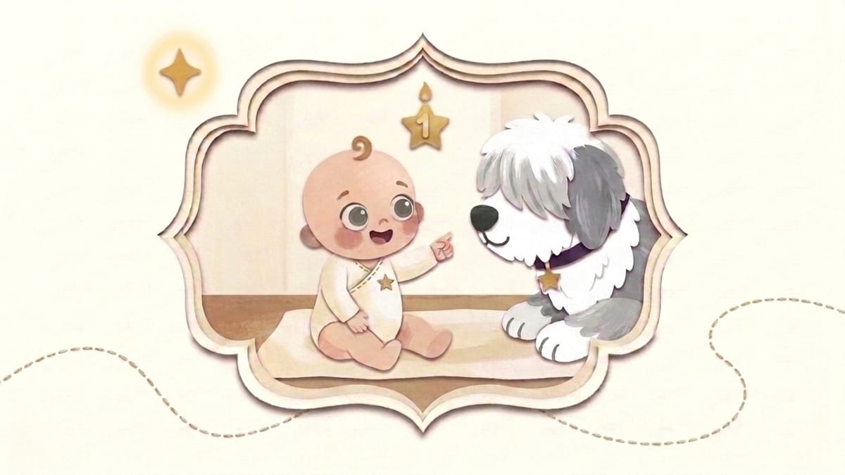 Papercut illustration of a one-year-old baby pointing happily at a sheepdog in an ornate frame - what to expect from a baby in the twelfth month