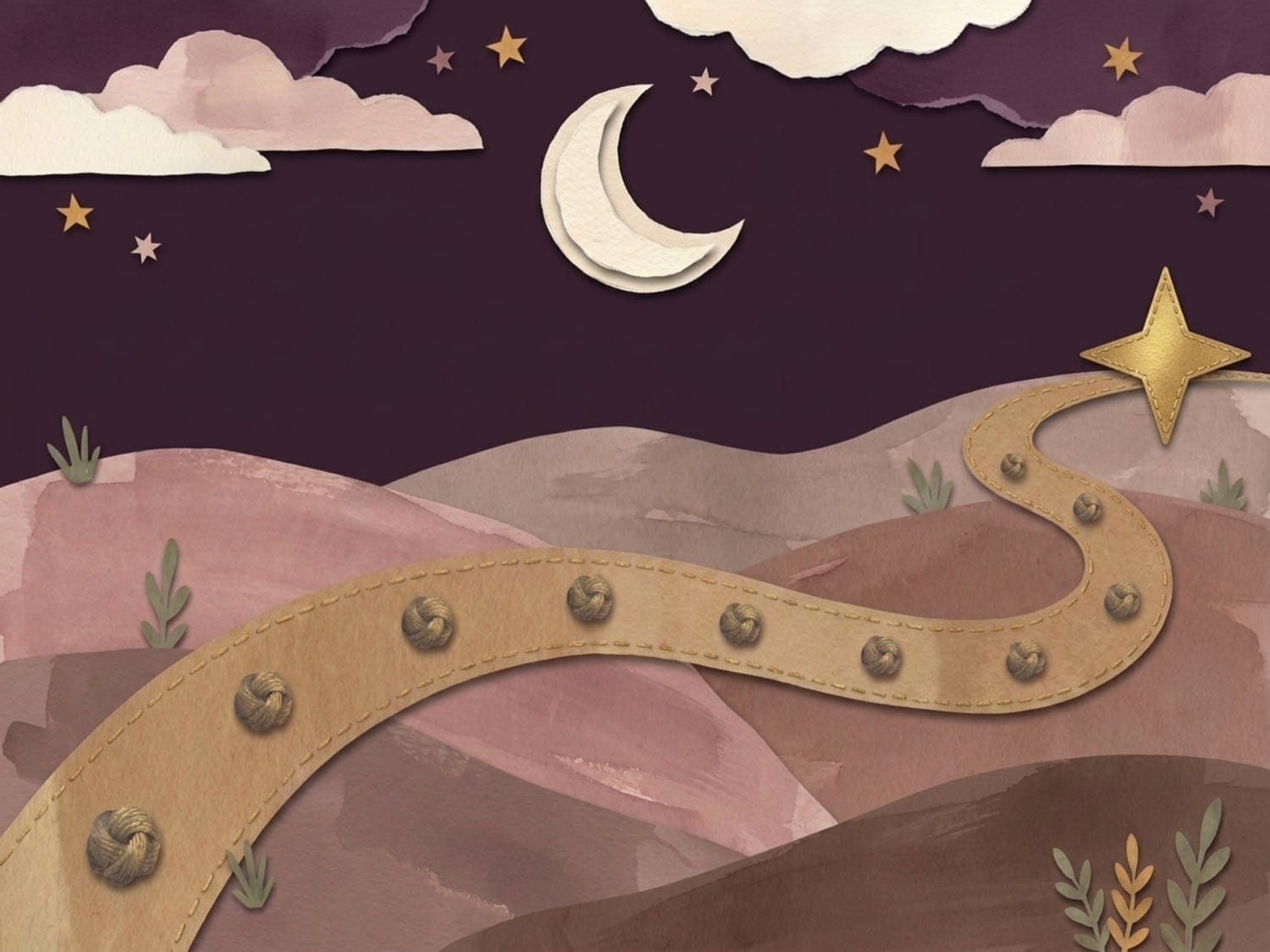 Papercut illustration of a knotted golden path across night hills reaching a bright star under a crescent moon - the final wonder week and its sleep wobble
