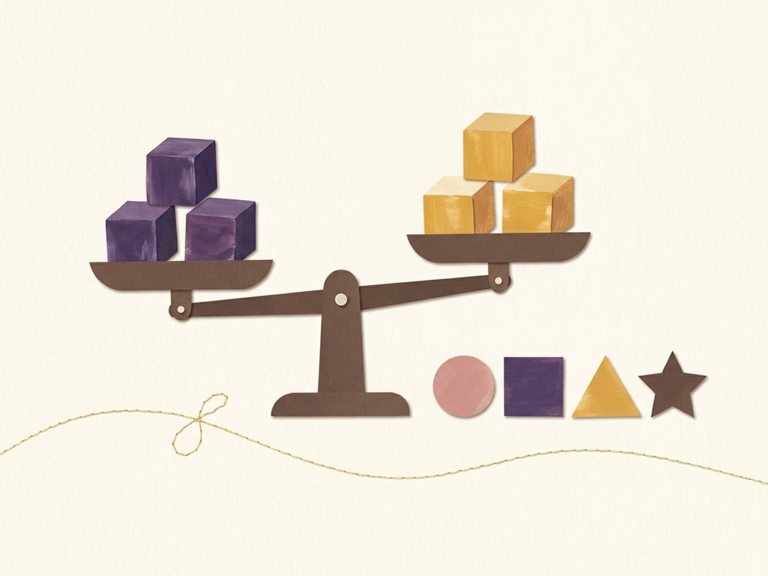 Papercut illustration of a balance scale with plum and gold cubes and a row of sorted shapes - logical, orderly thinking in the concrete operational stage
