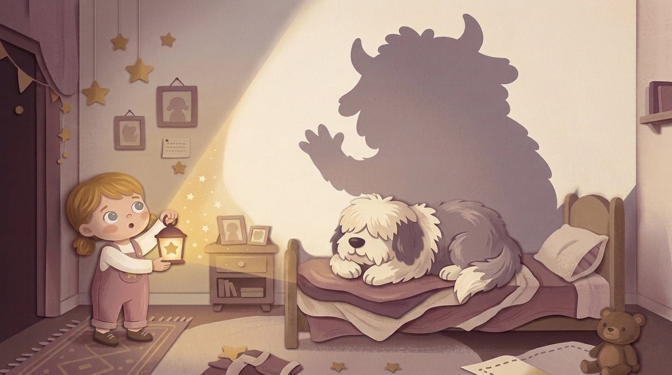 Papercut illustration of a little girl holding a glowing lantern in her bedroom, staring at a big monster-shaped shadow on the wall that is really cast by a fluffy sheepdog asleep on her bed