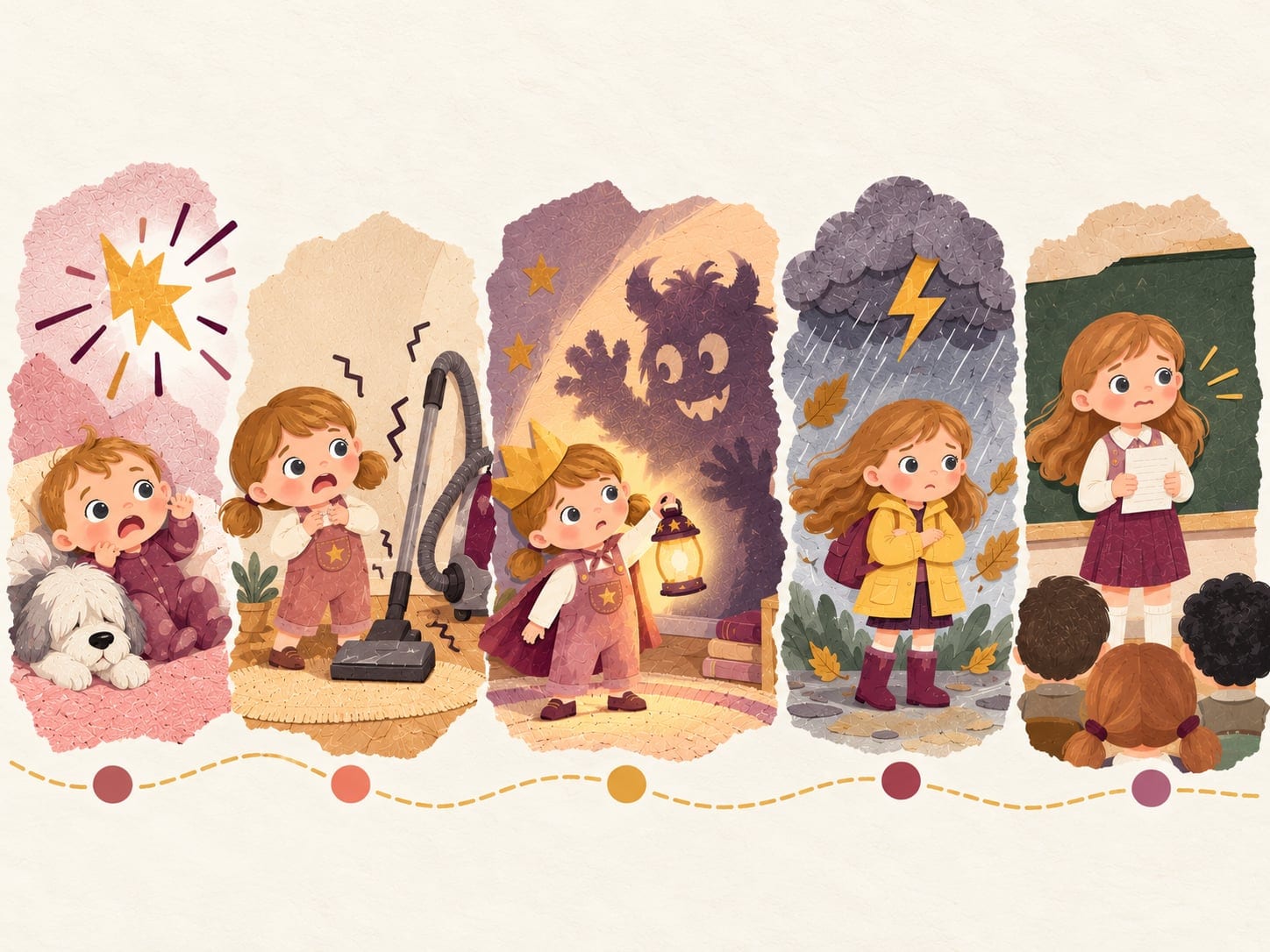 Papercut timeline of five scenes, one per age: a baby startled by a loud bang, a toddler frightened by a roaring vacuum cleaner, a preschooler in a paper crown facing a monster shadow, a school child in a raincoat under a storm cloud, and an older girl reading aloud in front of her class