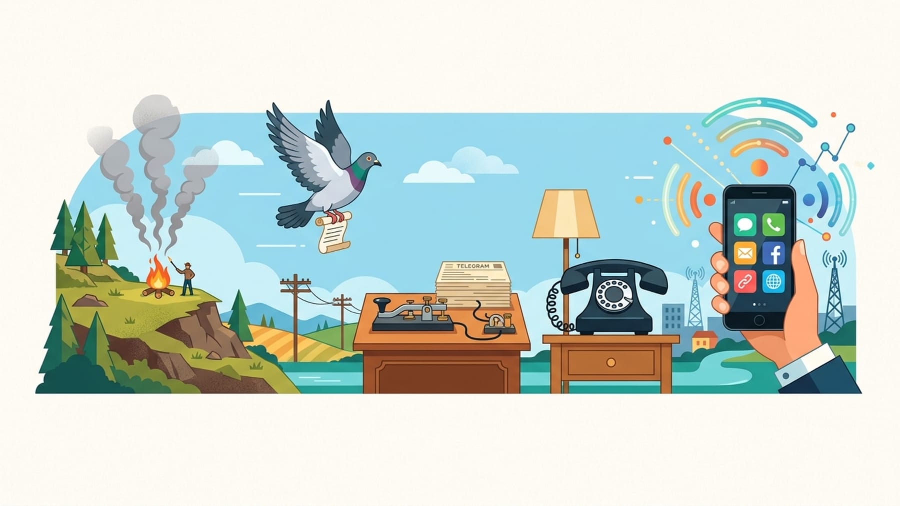 Illustration of communication through history: smoke signals rising from a hilltop fire, a pigeon carrying a scroll, a telegraph key on a desk beside a stack of telegrams, a rotary telephone, and a hand holding a smartphone surrounded by radio waves and transmitter towers
