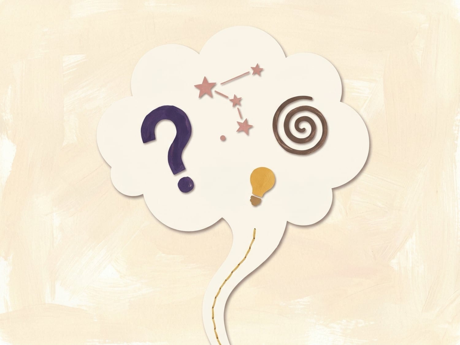 Papercut illustration of a thought-cloud holding abstract symbols - a question mark, a constellation, a spiral and a lightbulb - abstract reasoning in the formal operational stage