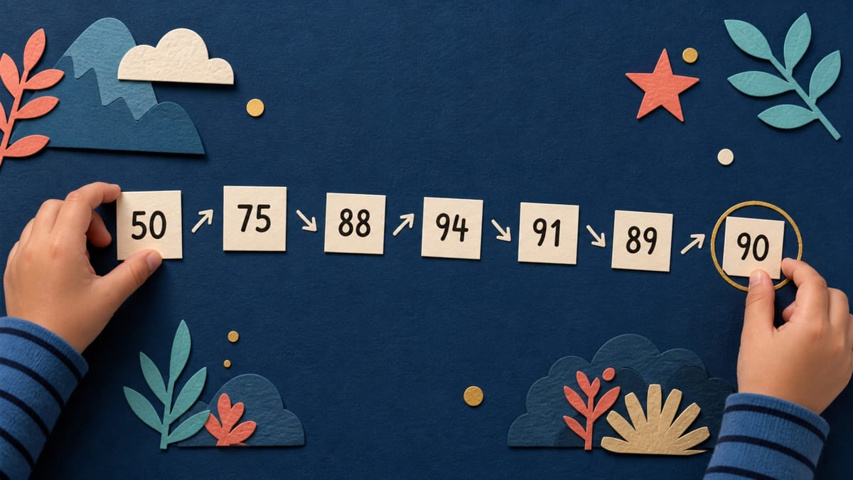 Paper-cut illustration of a child arranging number cards from 50 through 90 in a narrowing guessing path, with 90 circled