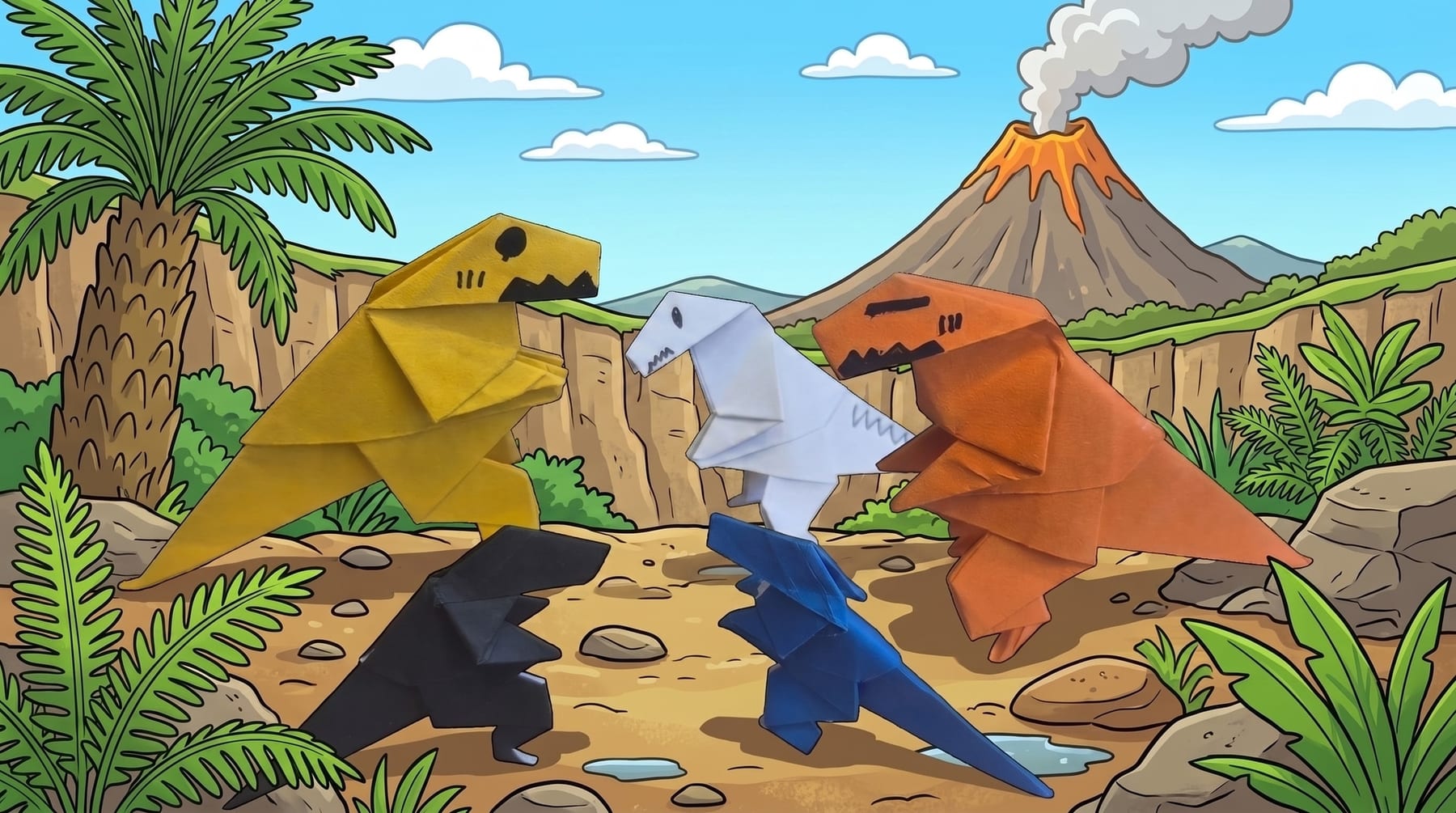 Five finished origami T-Rex dinosaurs in yellow, white, orange, black and blue color folded from paper, standing on a cartoon prehistoric landscape background with a volcano and a palm tree.