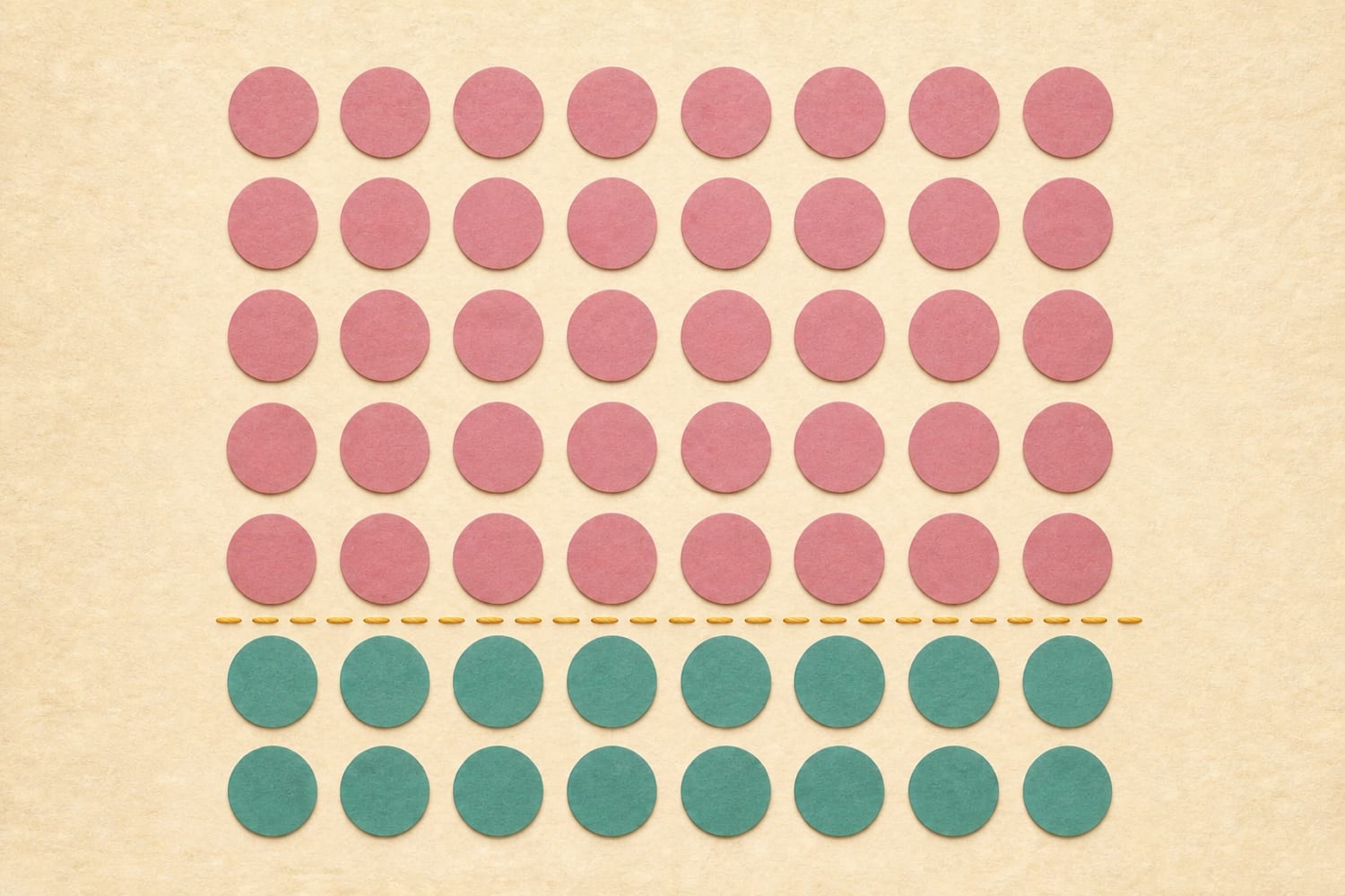 A precise seven-by-eight array of counters, with five coral rows separated by a stitched line from two teal rows
